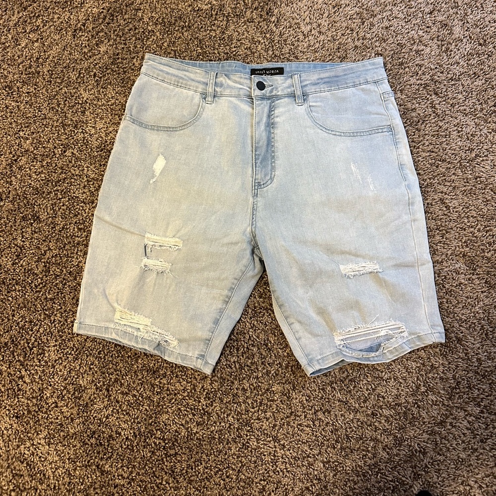 SAINT MORTA® - Men’s Thrashed Shorts -Light Blue Distressed Denim Shorts size 34